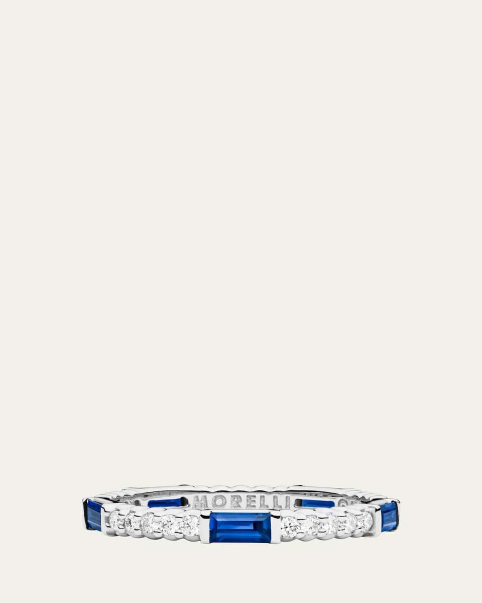 Blue Sapphire & Diamond Pinpoint Baguette Ring in 18K White Gold